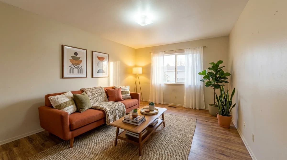 Derselbe Raum als warmes, einladendes Airbnb-Wohnzimmer mit Sofa, Teppich, Kunst und Pflanzen eingerichtet