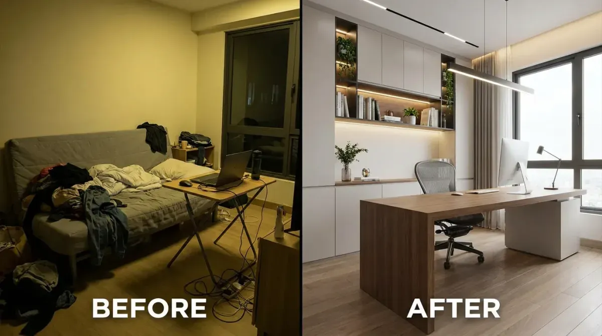 Before and after AI home office design transformation