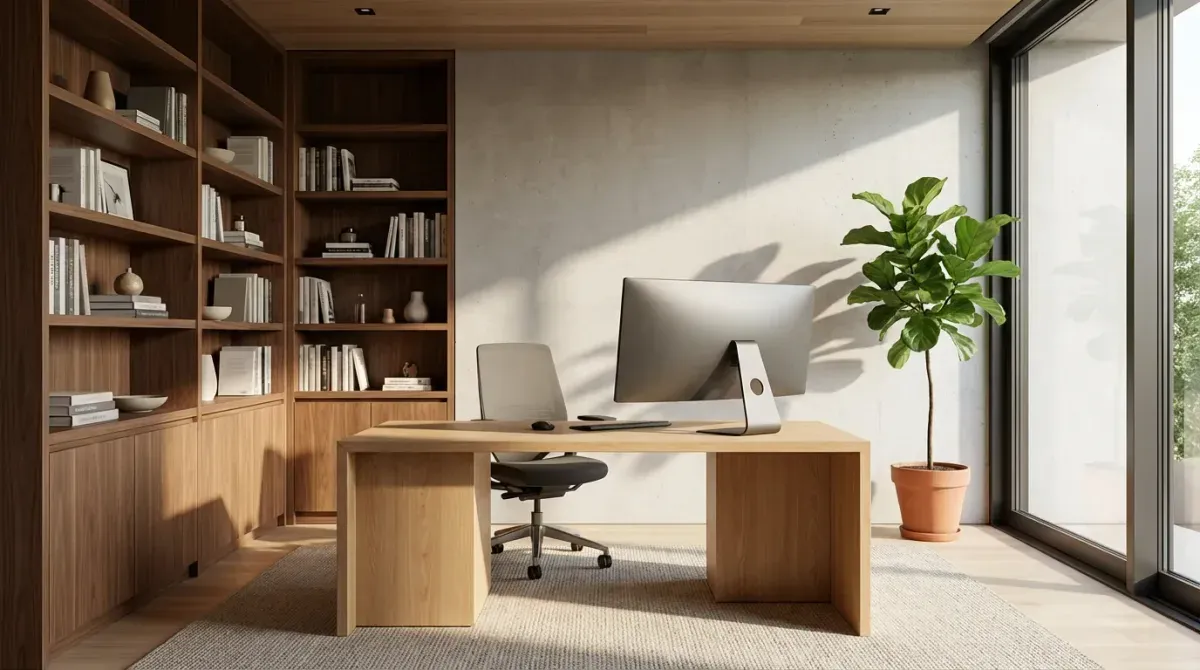 AI-generated modern home office with built-in shelving, natural light, and clean desk setup