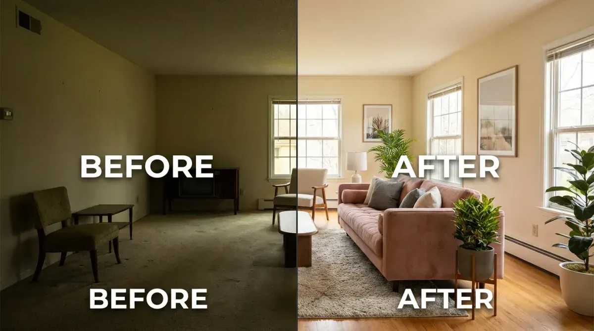 Before and after AI real estate photo enhancement