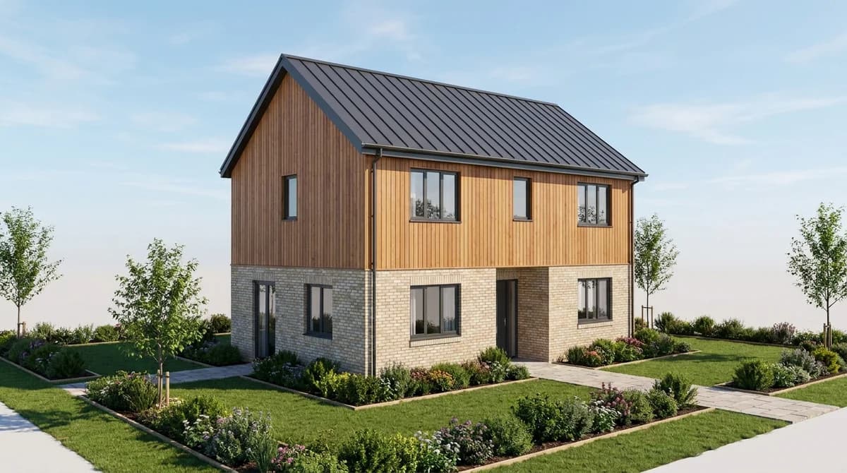 The same two-story house rendered photoreal with timber cladding, brick, a metal roof and a planted garden