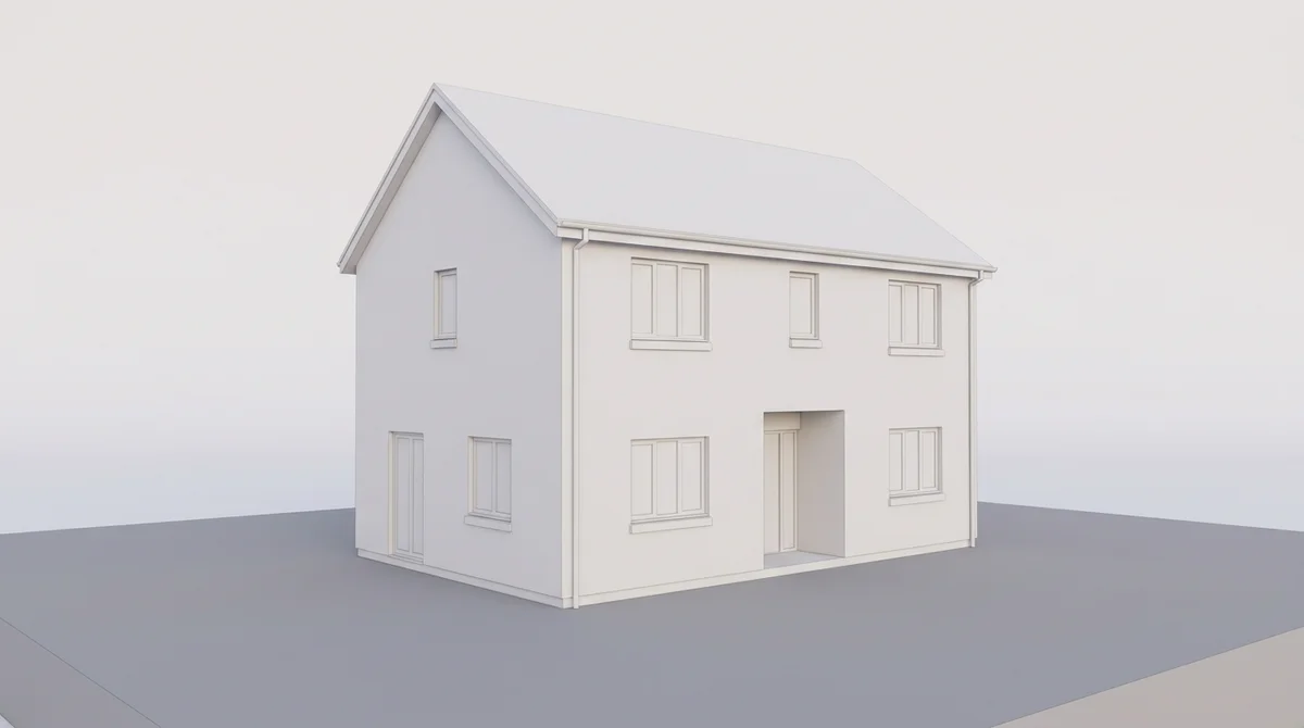 White massing model of a two-story house on a flat grey ground with no materials