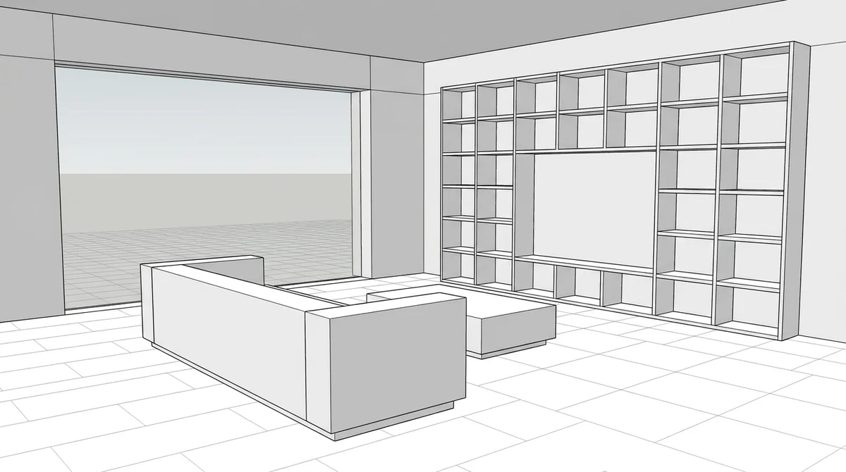 White model viewport of a modern living room with flat shading