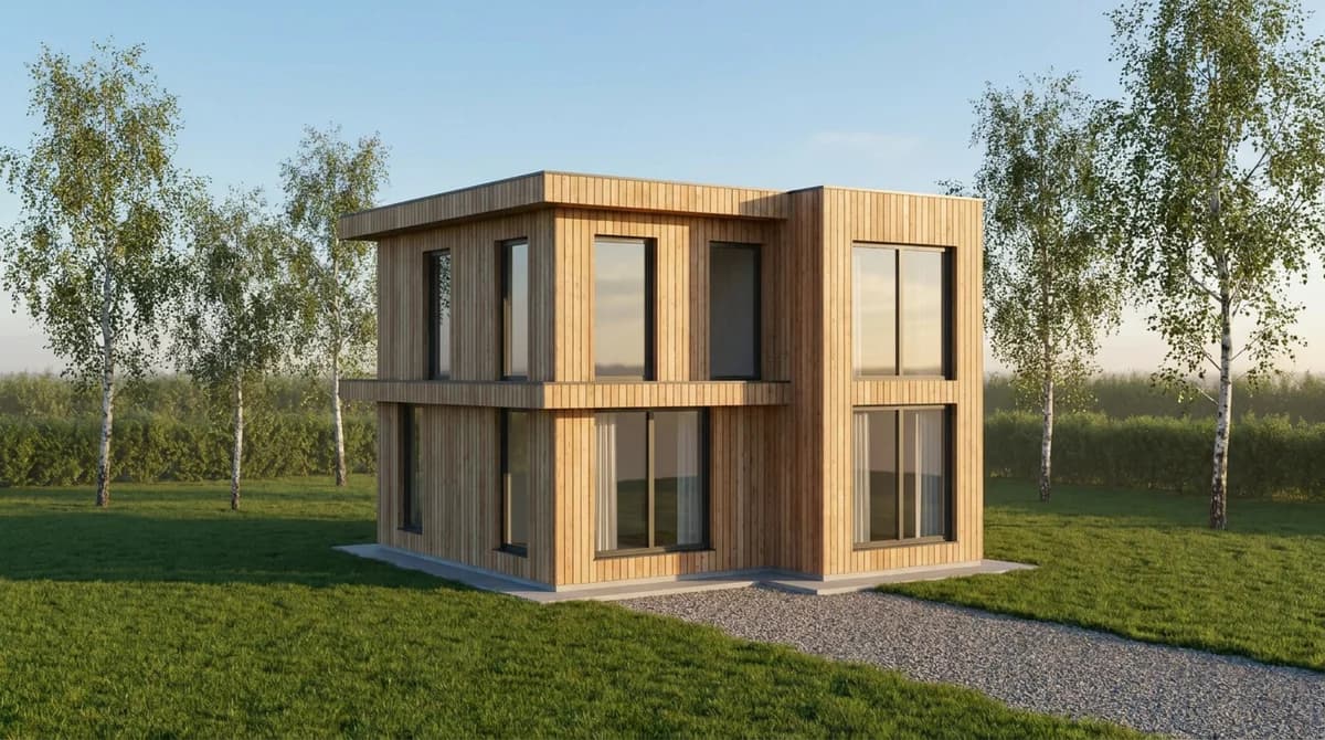 Dasselbe Haus fotorealistisch gerendert mit vertikaler Holzverschalung, Glas und Rasen