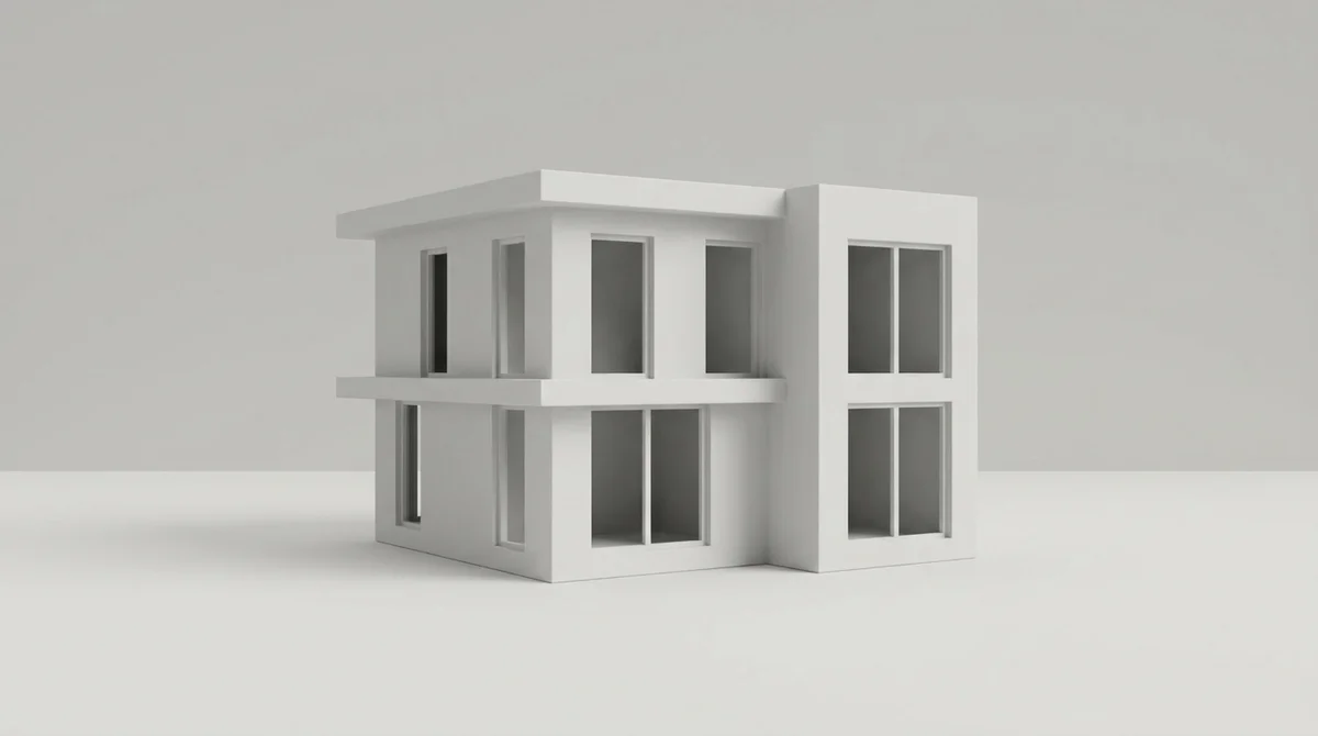 Weißes Massenmodell eines kleinen zweigeschossigen modernen Hauses mit Flachdach auf schlichtem weißem Grund