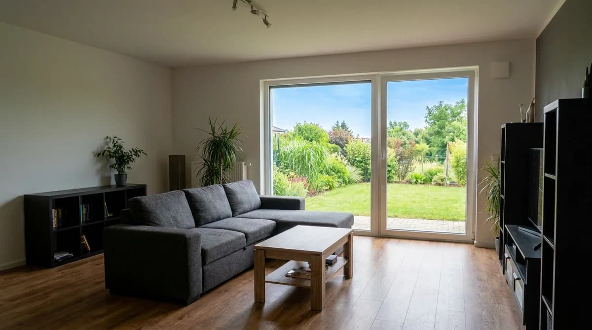 Dasselbe Wohnzimmer mit ausgewogener Belichtung und erkennbaren Gartendetails durch die Fenster