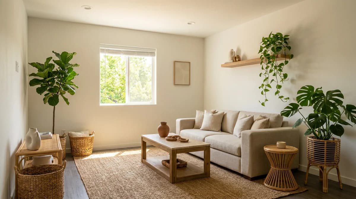 The same room redesigned with plants, natural wood and stone, and abundant daylight