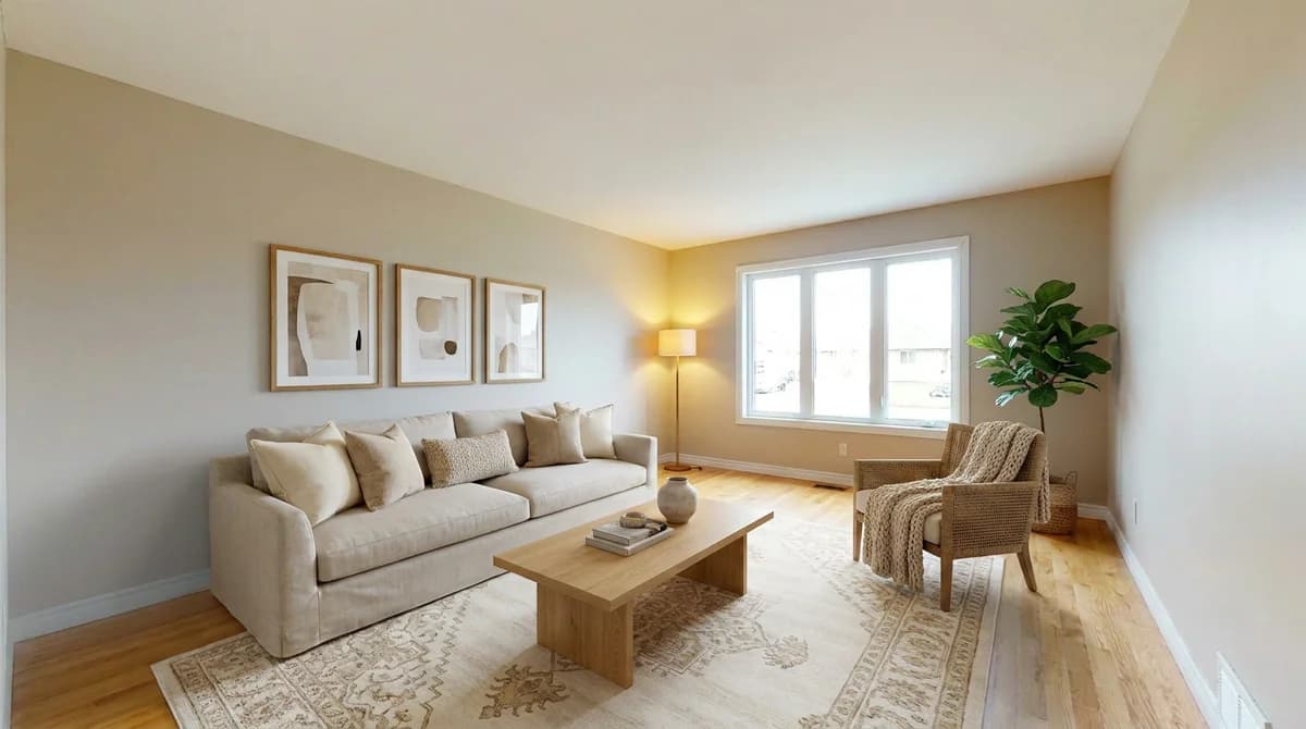 Le même salon après un home staging virtuel par IA, avec canapé, tapis, œuvres d'art et plantes
