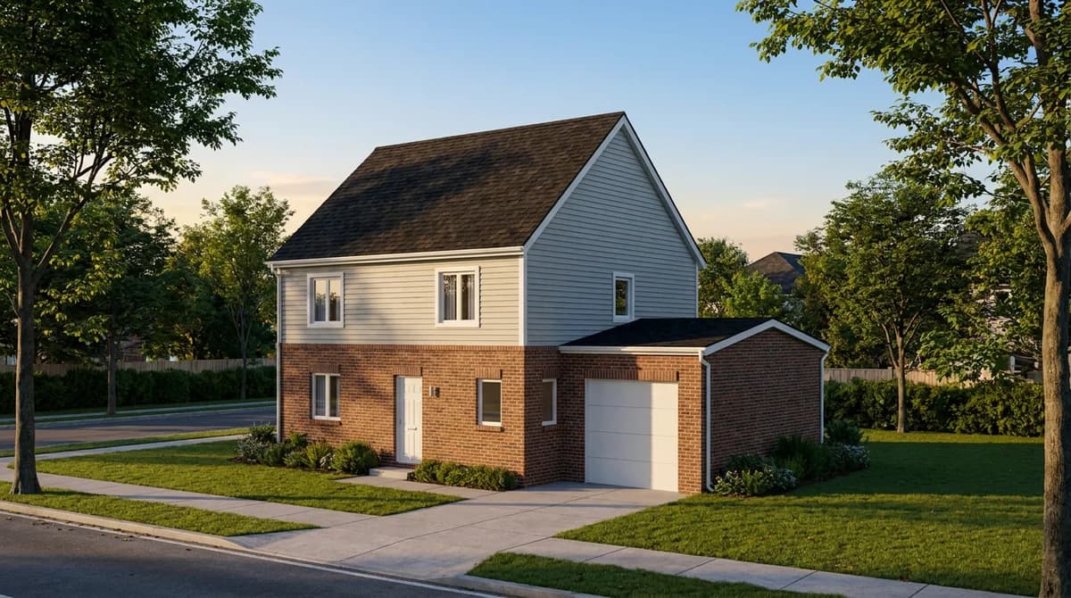 La même maison à étage rendue comme une maison finie avec brique, bardage, allée, pelouse et arbres d'alignement