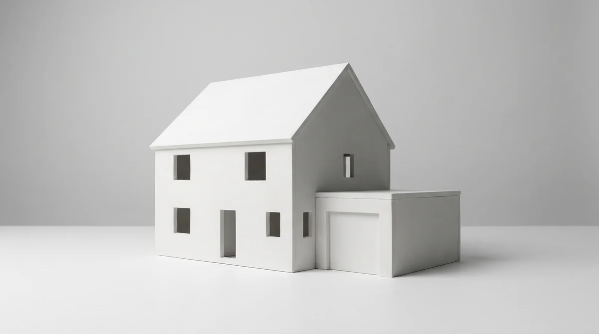 Maquette architecturale blanche d'une maison familiale à étage avec garage accolé