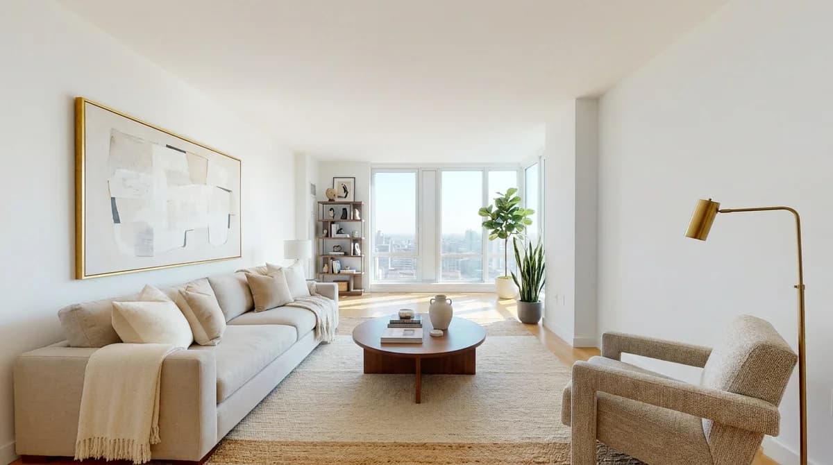 Lo stesso soggiorno rifinito con un concept di interior design fotorealistico