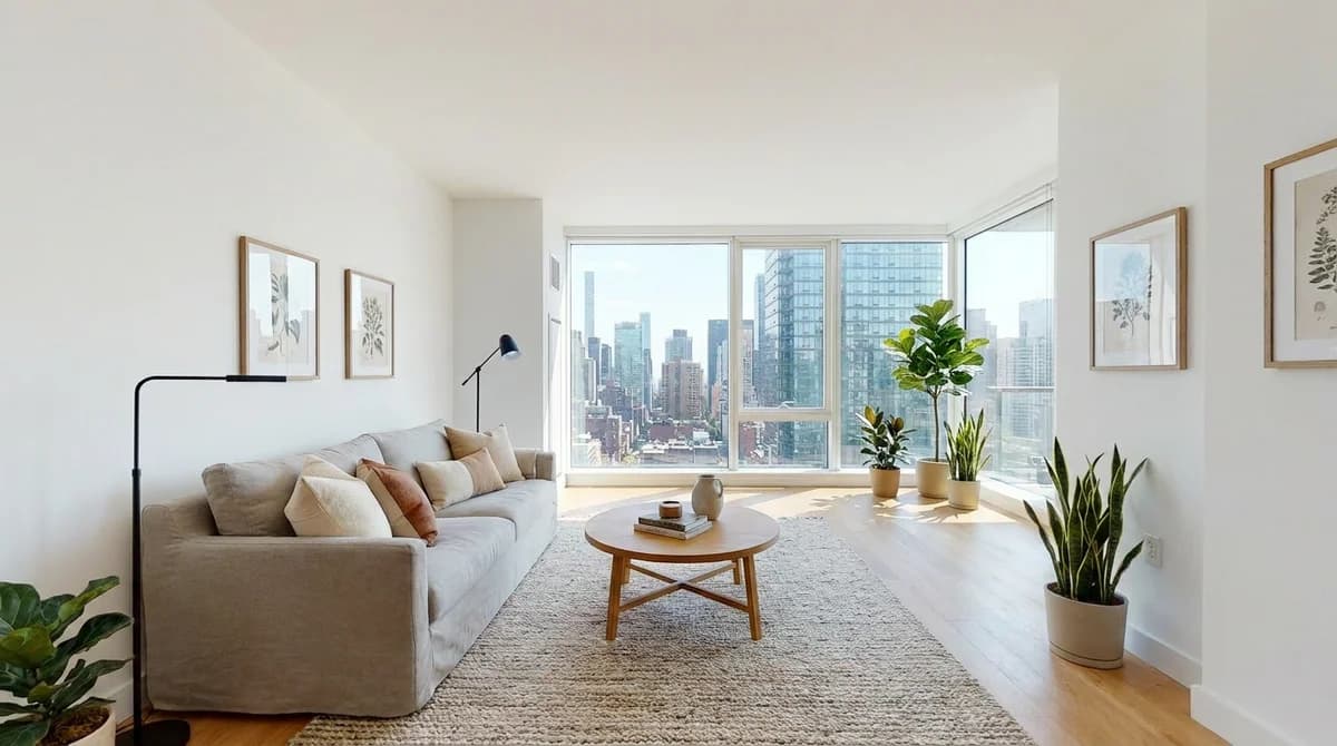 Dezelfde woonkamer opnieuw ingericht met een linnen bank, eikenhouten salontafel, vloerkleed en styling