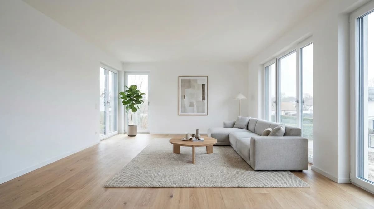 The same living room virtually staged as a free sample for the agent