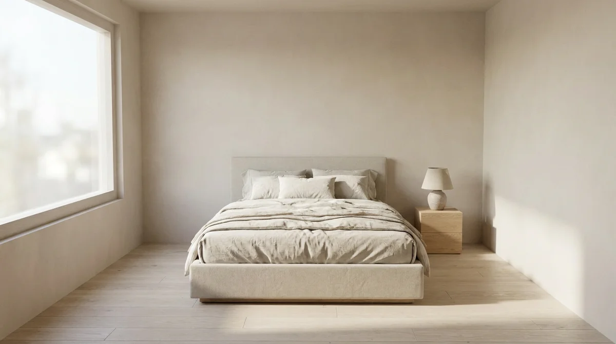 Dasselbe Schlafzimmer fotorealistisch gerendert mit Leinenbettwäsche, Eichenboden und weichem Fensterlicht
