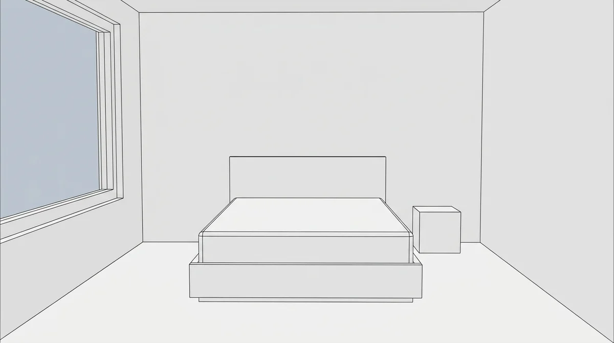 Ungerenderter SketchUp-Viewport eines Schlafzimmers mit weißen Flächen und schwarzen Kantenlinien
