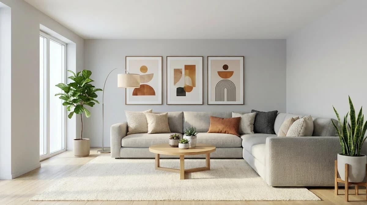 El mismo salón tras una transformación de diseño de interiores con IA
