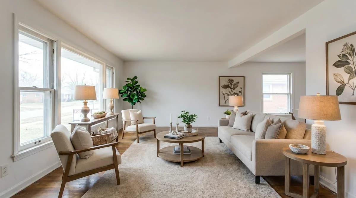 The same living room after AI virtual staging with sofa, rug, and decor