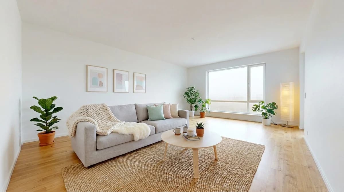The same living room styled in Scandinavian design with a grey linen sofa, jute rug, knit throw, and pastel art