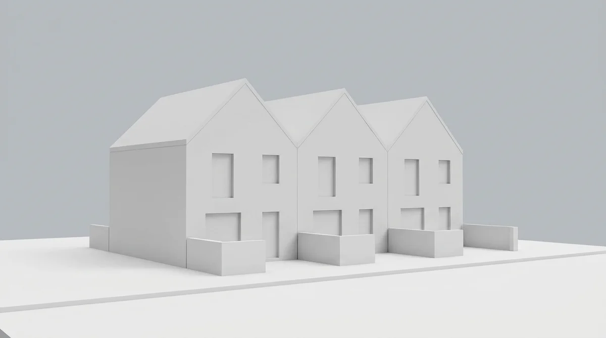 Architect's white massing model of a terrace of three new-build houses on a UK street