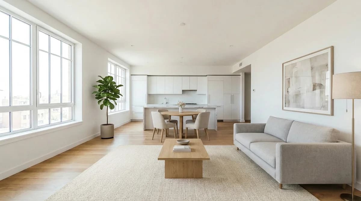 The same open-plan room virtually staged with a sofa, rug, dining set and decor