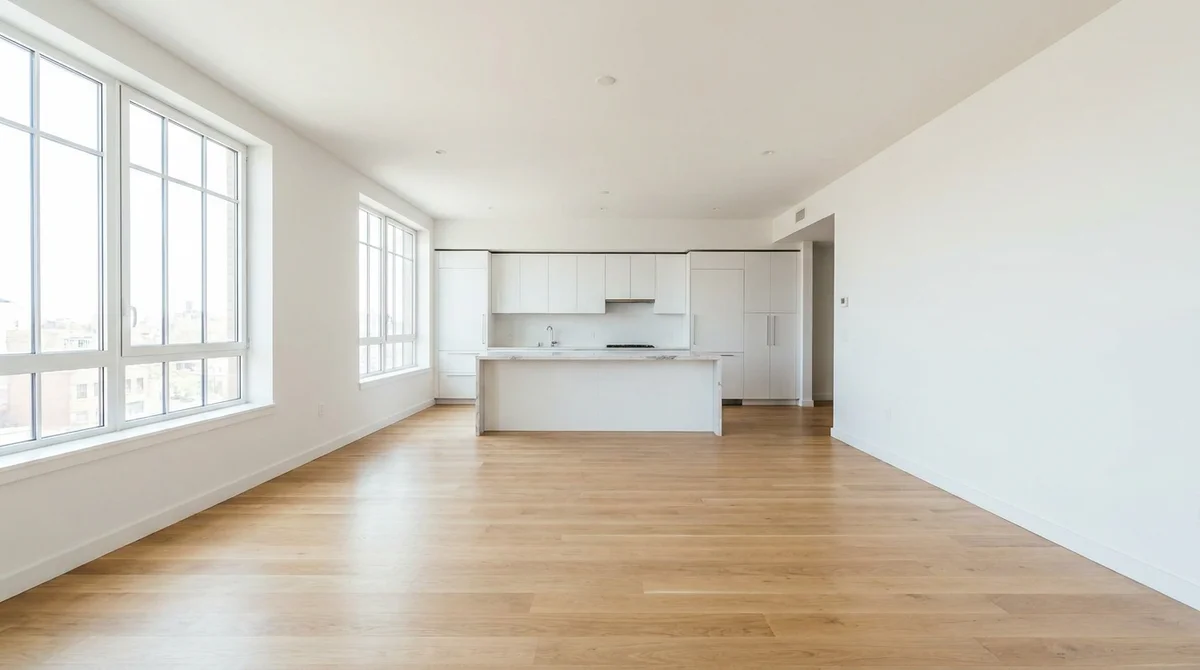 Empty open-plan kitchen and living room in a vacant listing, daylight