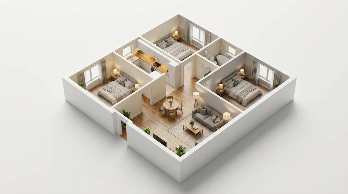 La stessa pianta 3D in spaccato arredata come vista dollhouse fotorealistica, con parquet, divano, cucina e letti rifatti