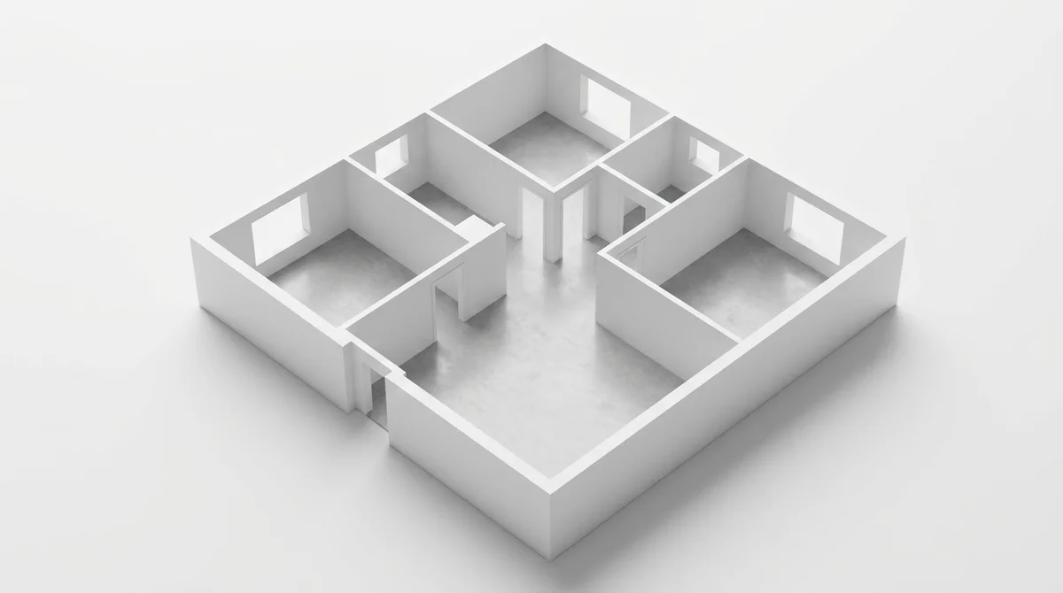 Pianta 3D in spaccato di un appartamento, non arredata, con pareti bianche e pavimenti grigi