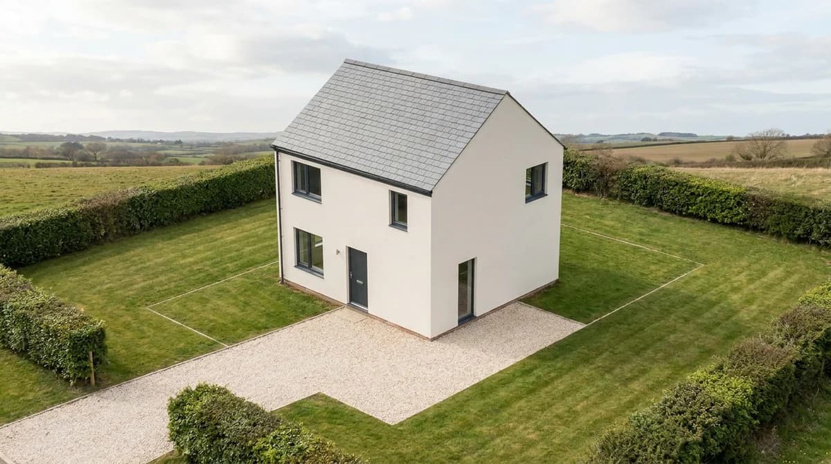La même maison en rendu IA photoréaliste avec murs enduits, toit en ardoise, pelouse, haies et allée en gravier