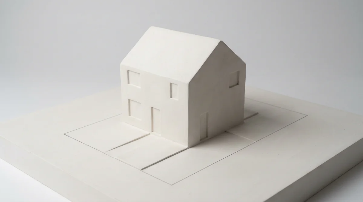 Maquette volumétrique blanche d'architecte d'une maison individuelle sur une parcelle rurale, avec ses limites et son allée