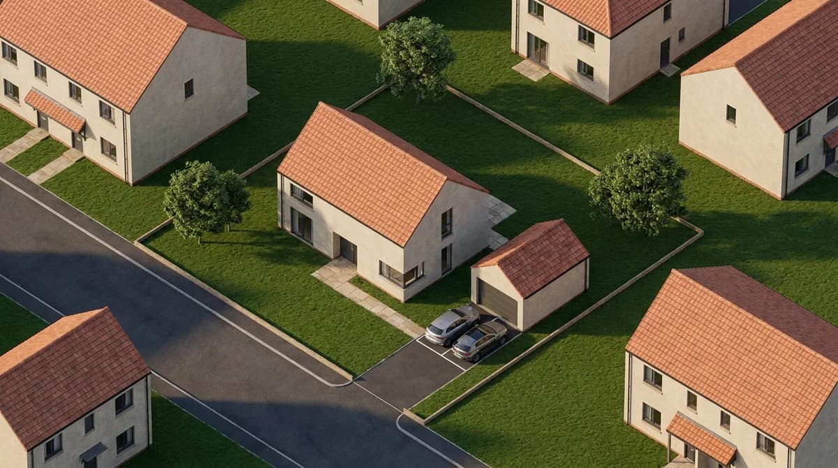 The same plot as a photoreal aerial with clay roof tiles, an asphalt driveway, two parked cars, lawn, and mature trees