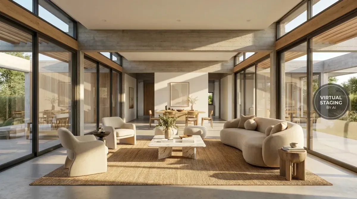 AI virtually staged modern living room for real estate listing