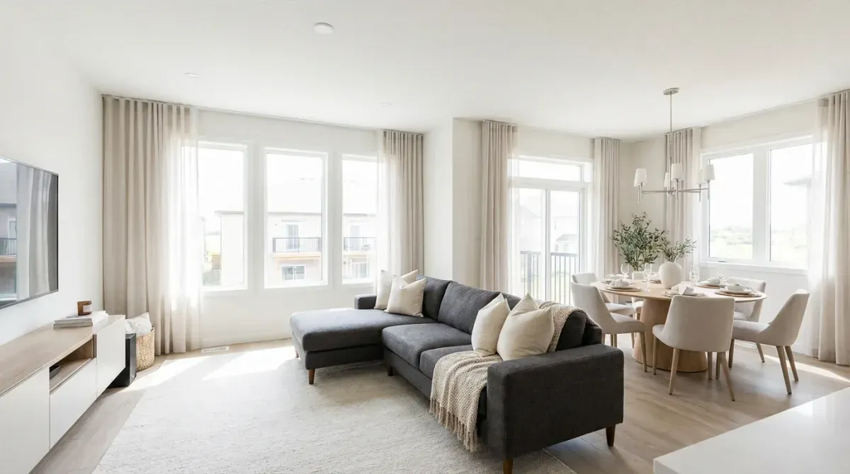 Virtually staged open-concept living and dining room