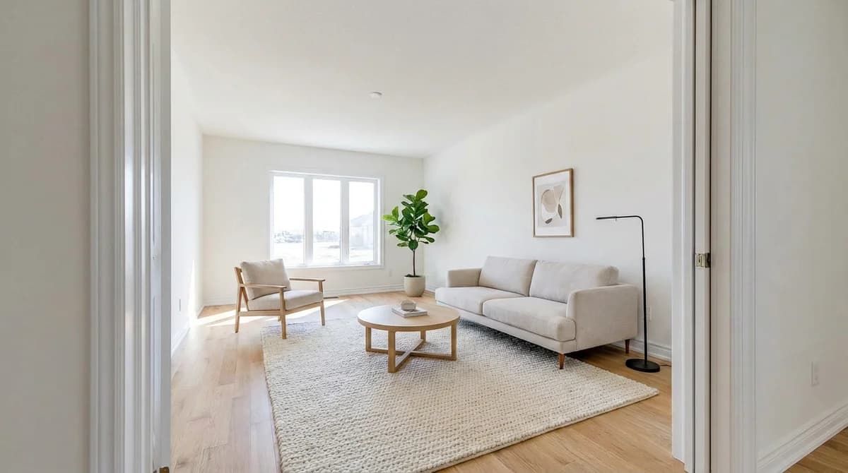 El mismo salón ambientado virtualmente en estilo Scandi con un sofá de lino, una mesa de centro de roble y una alfombra de lana