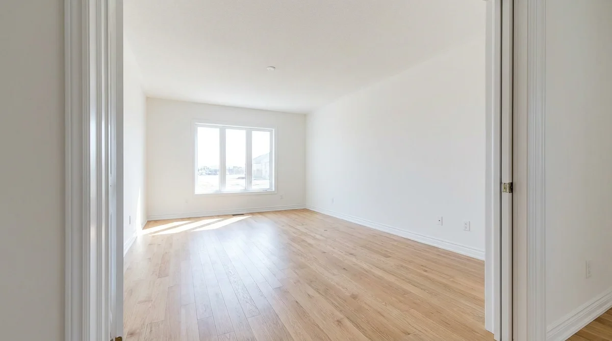 Salón vacío y sin amueblar con suelo de roble claro y paredes blancas antes del home staging virtual