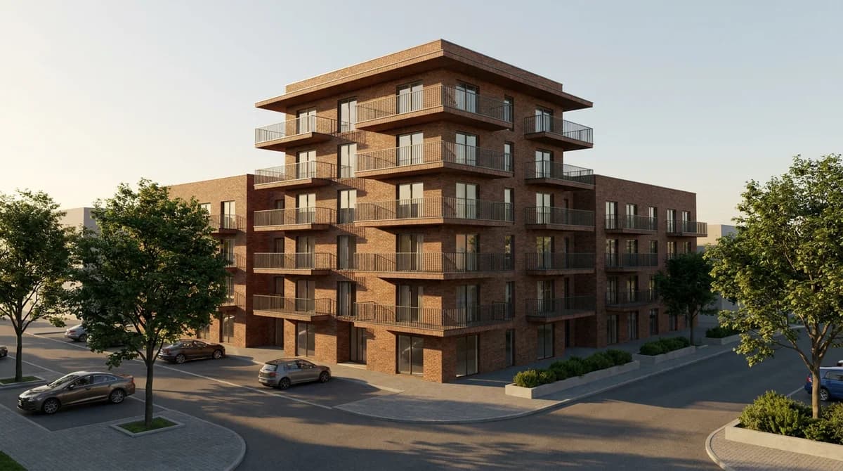 The same apartment building as a photorealistic visualization with brick and glass facades, street, cars, and trees