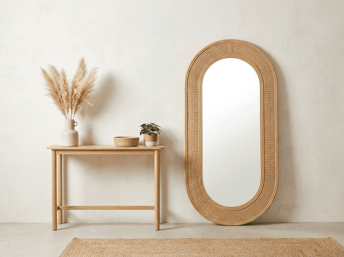Rattan-framed oval mirror