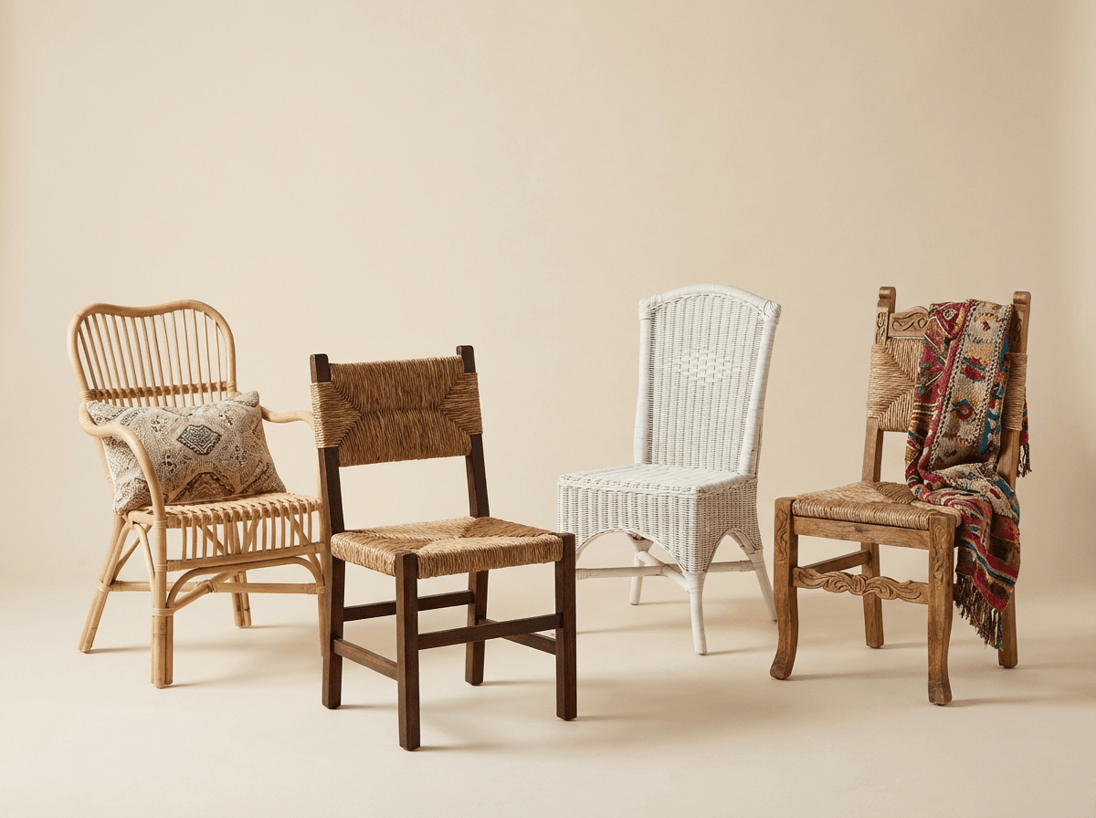 Mismatched woven dining chairs