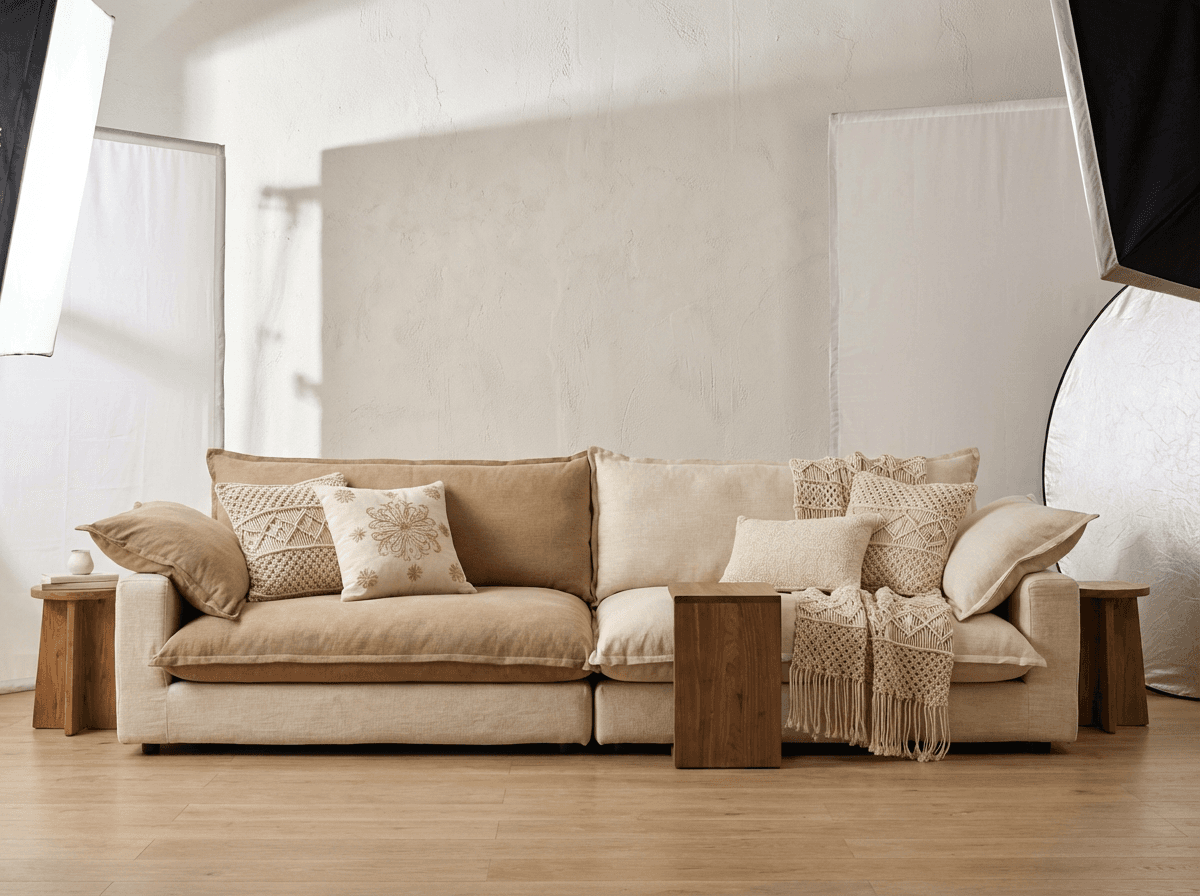Low-slung linen sofa in a warm neutral