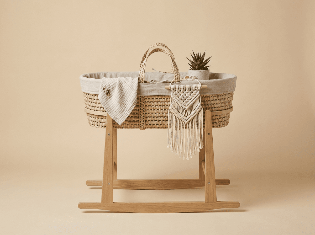 Woven changing basket on wooden stand