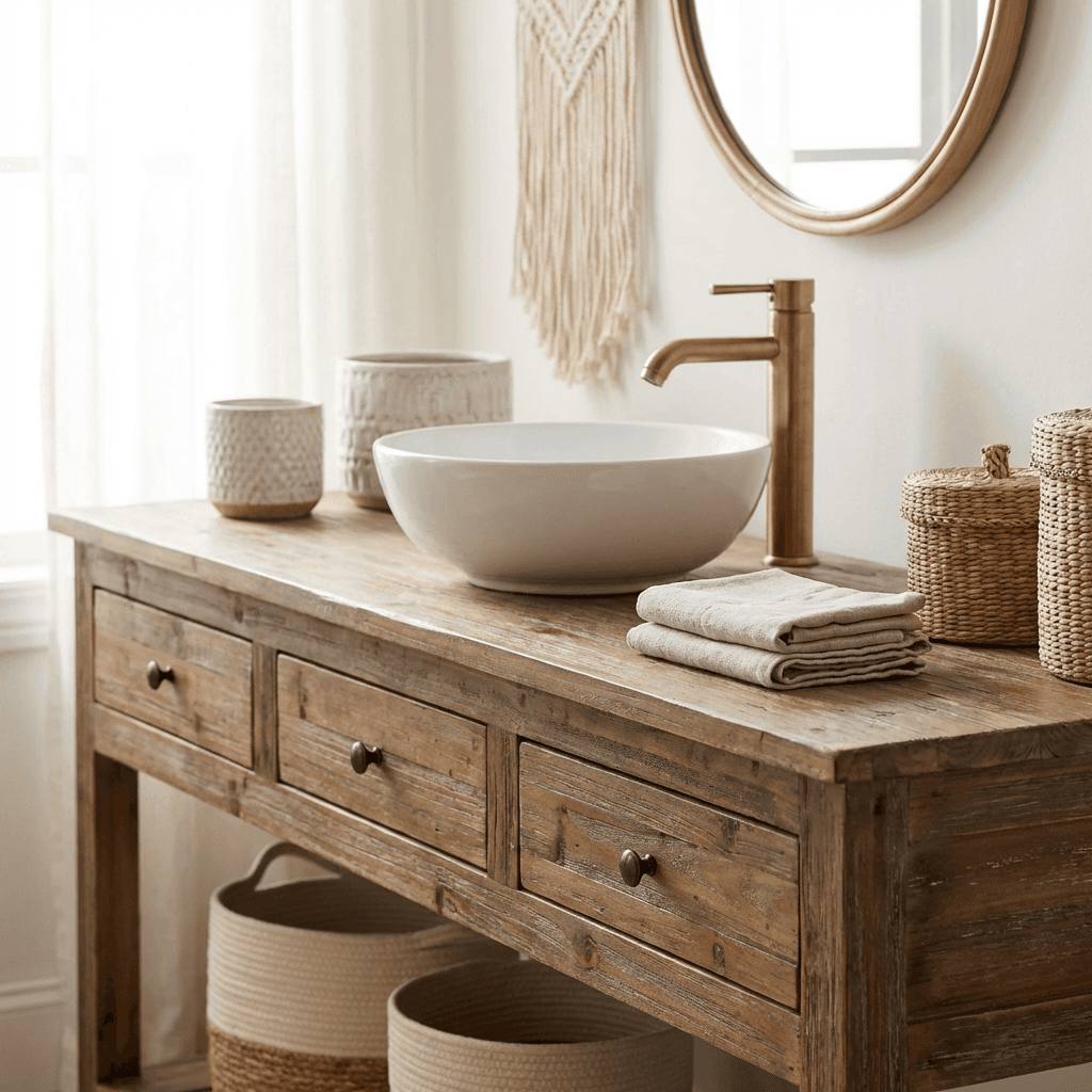 Add a vintage or reclaimed wood vanity