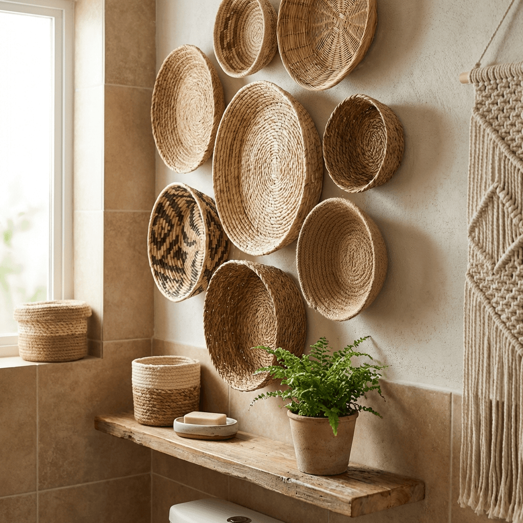 Hang a collection of woven baskets for wall texture