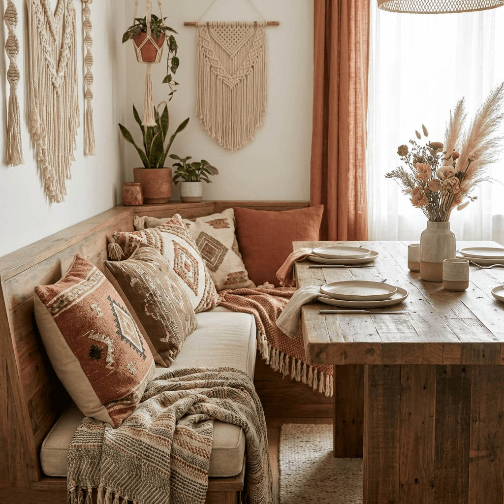 Use a bench with cushions on one side of the table