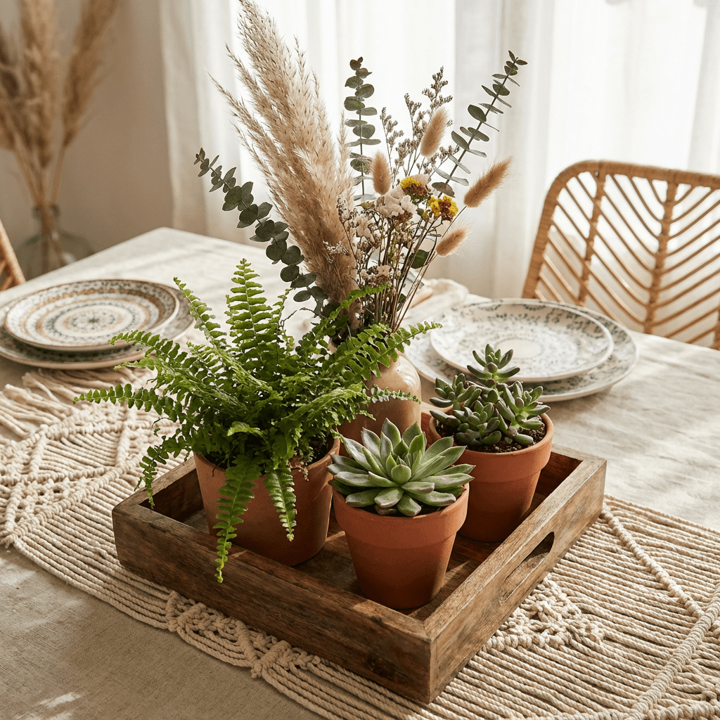 Create a living centerpiece with potted plants and dried flowers
