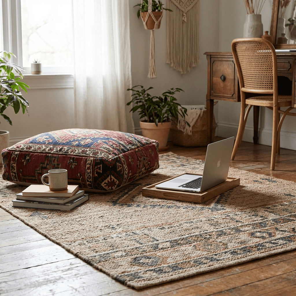 Add a woven rug and floor cushion for a flexible work zone