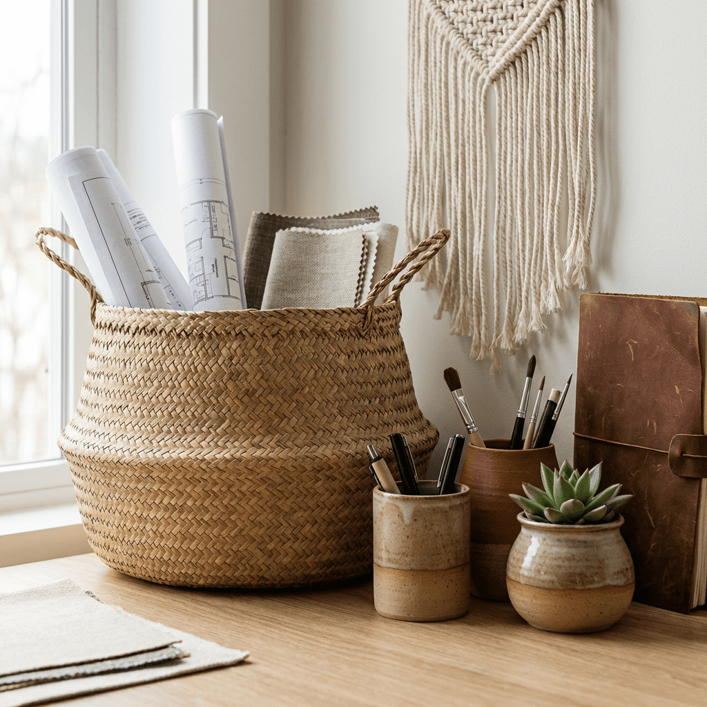 Use woven baskets and ceramic pots for organization
