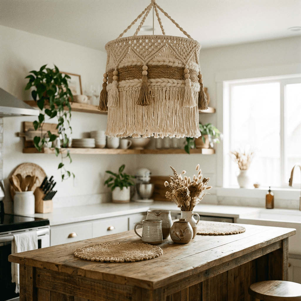 Hang a macramé or woven pendant over the island