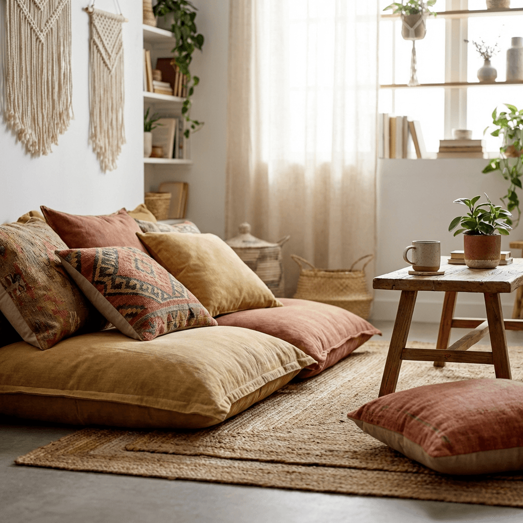 Create a floor-level lounge area with oversized cushions