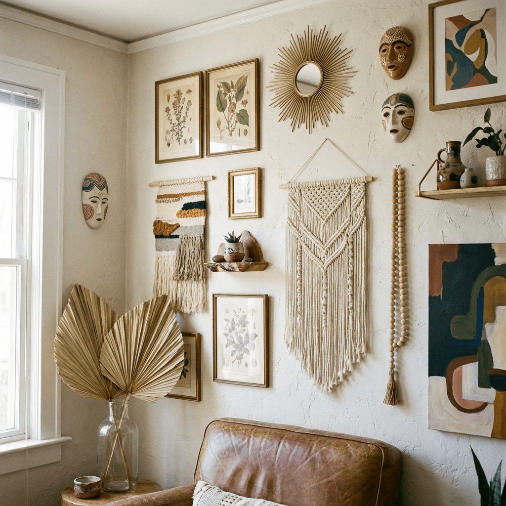 Fill a gallery wall with mixed-media art and objects