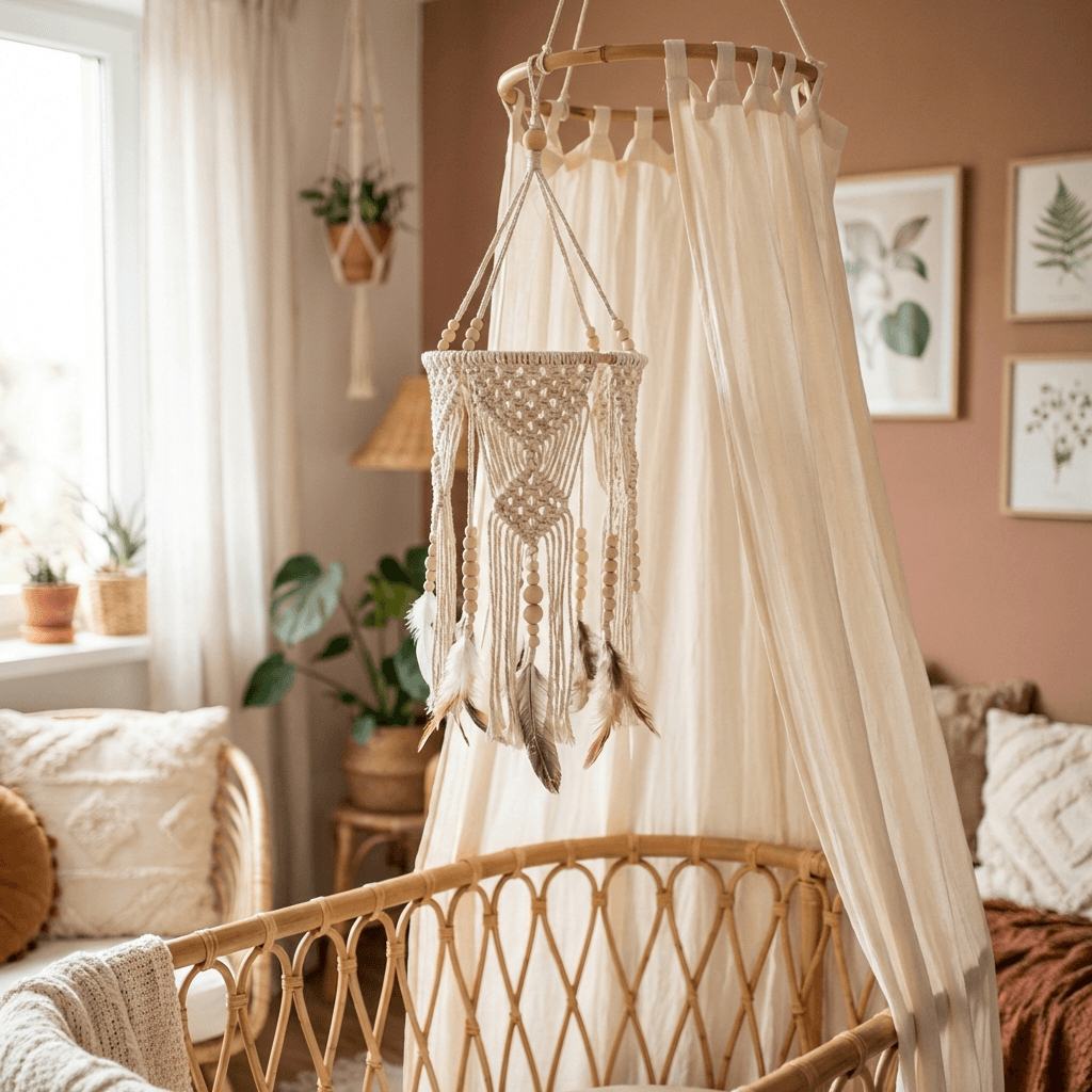 Hang a macramé mobile and canopy above the crib