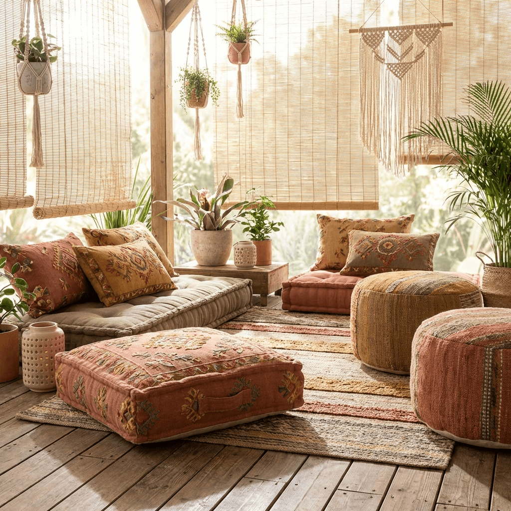 Create a low-level lounging area with floor cushions and poufs